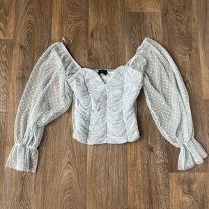 Madi Mase Cropped Long Sleeve White Polka Dot Light Blue Blouse Women’s Size XS